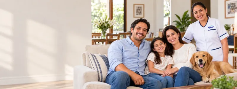 Familia en la sala de su casa con su trabajadora del hogar Kipper